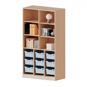 ErgoTray Regal, 3reihig, 5 OH, unten 9 hohe Boxen, oben 4 EB, B/H/T 104,5x190x50cm 